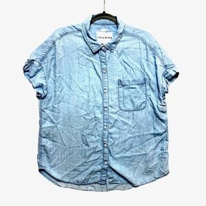 Lola River Shirt Top Womens Large Blue Short Sleeve Tencel Light Button Down